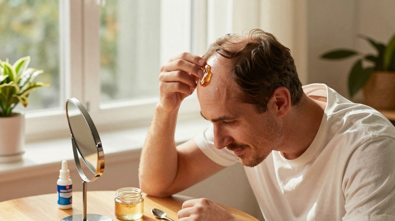 Homem aplicando máscara facial de mel na testa em frente a espelho em ambiente iluminado por luz natural.