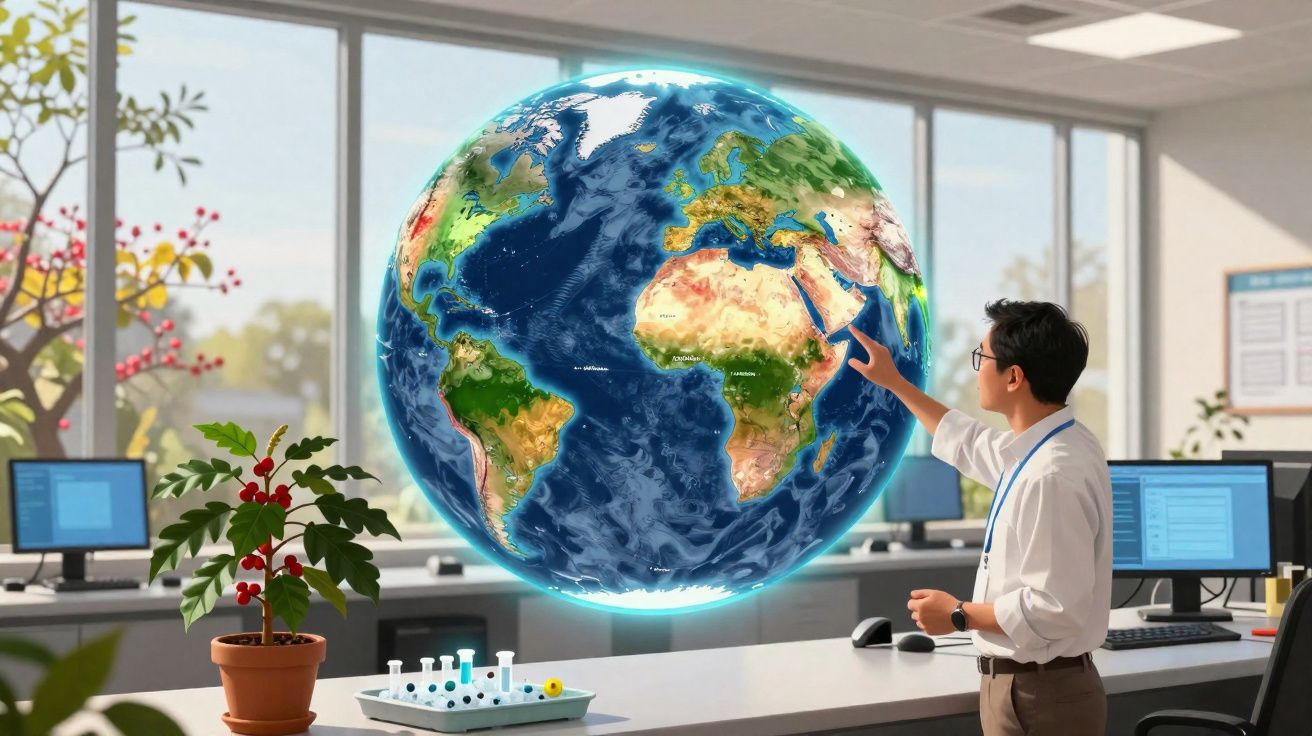 Pessoa em escritório interage com um globo terrestre holográfico flutuante.