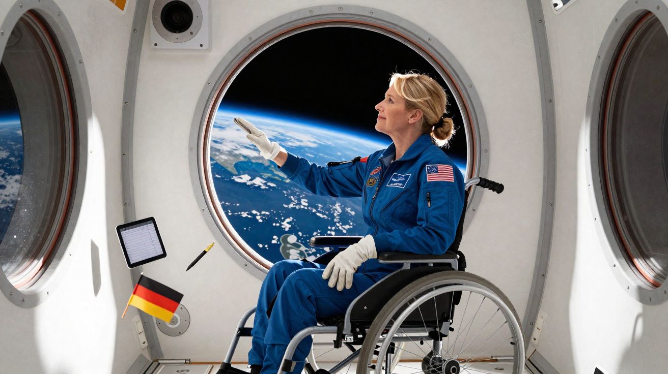 Astronauta em cadeira de rodas dentro de estação espacial observando a Terra pela janela circular.