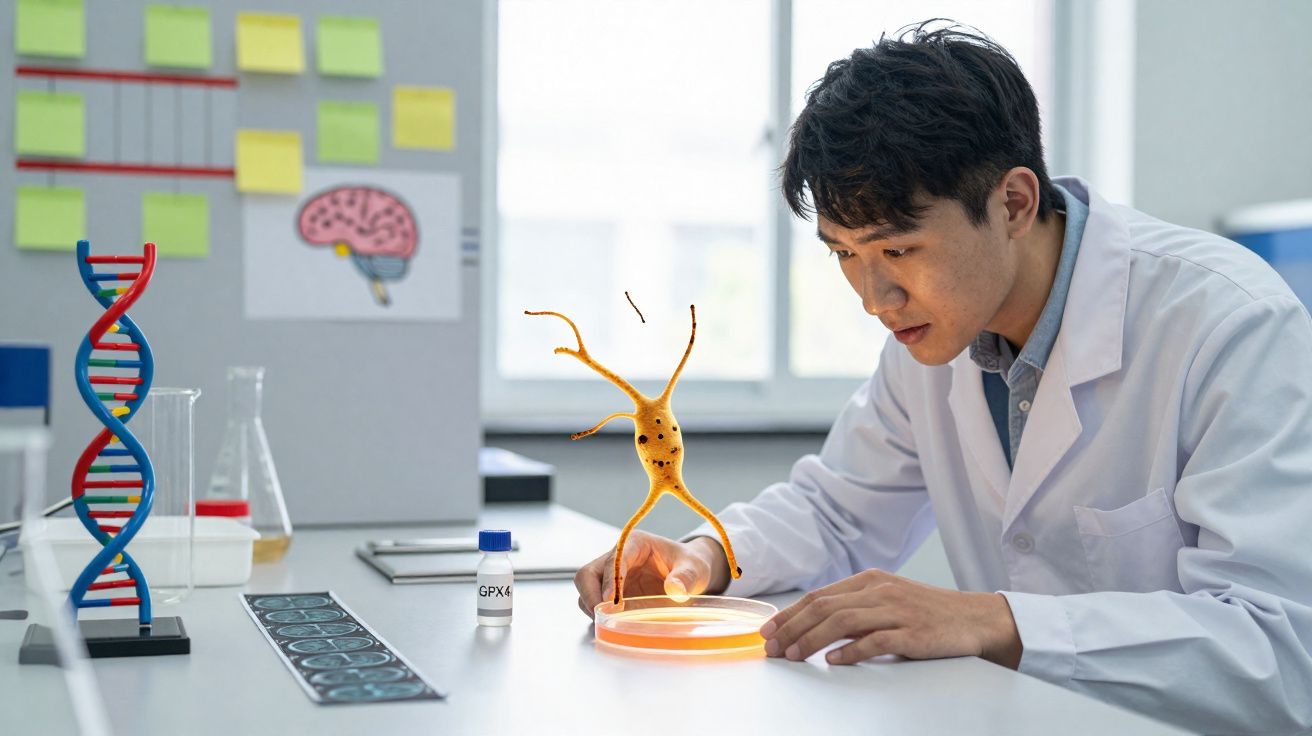 Cientista em jaleco observa cultura celular em placa de petri dentro de laboratório científico.