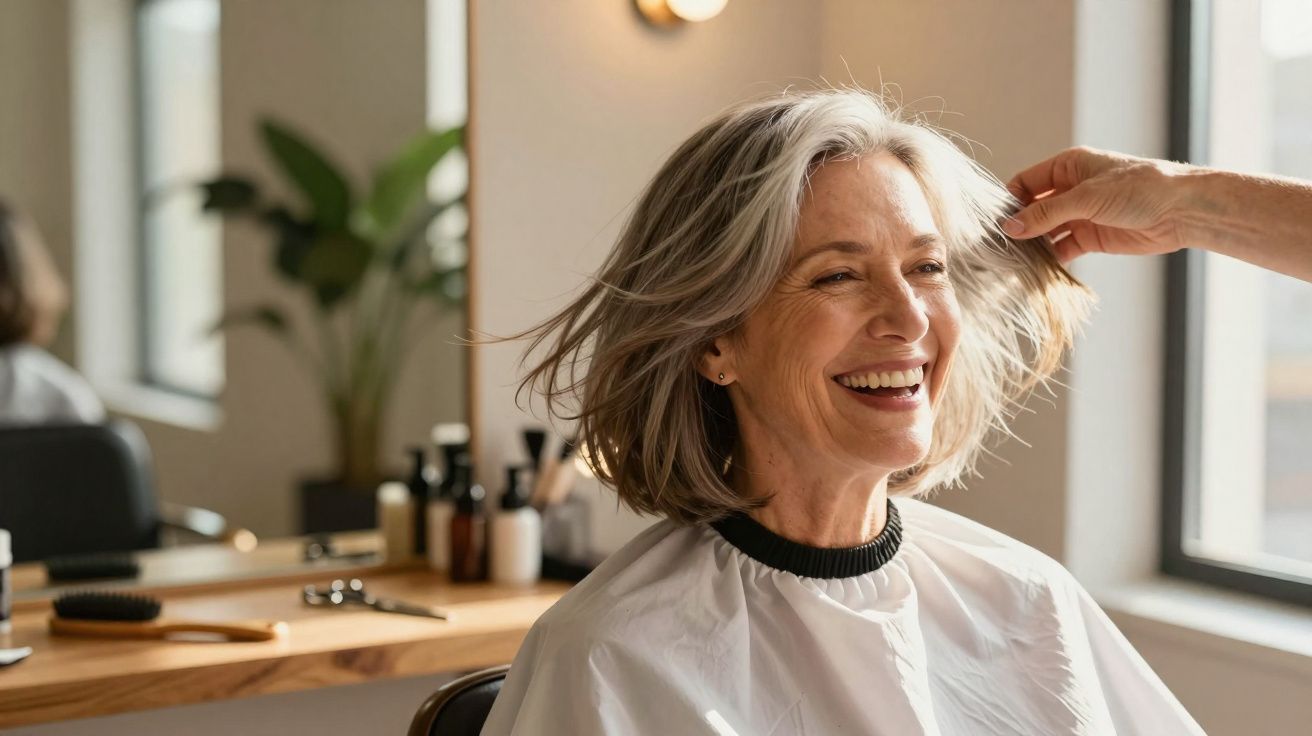 Mulher sorridente com cabelo grisalho curto sendo penteada em salão de beleza iluminado.