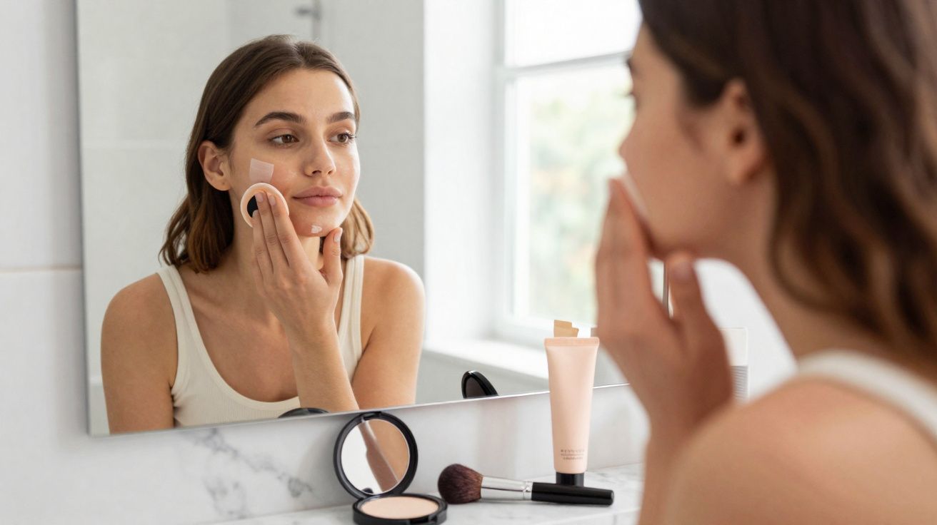 Mulher aplicando base facial com esponja em frente ao espelho no banheiro.