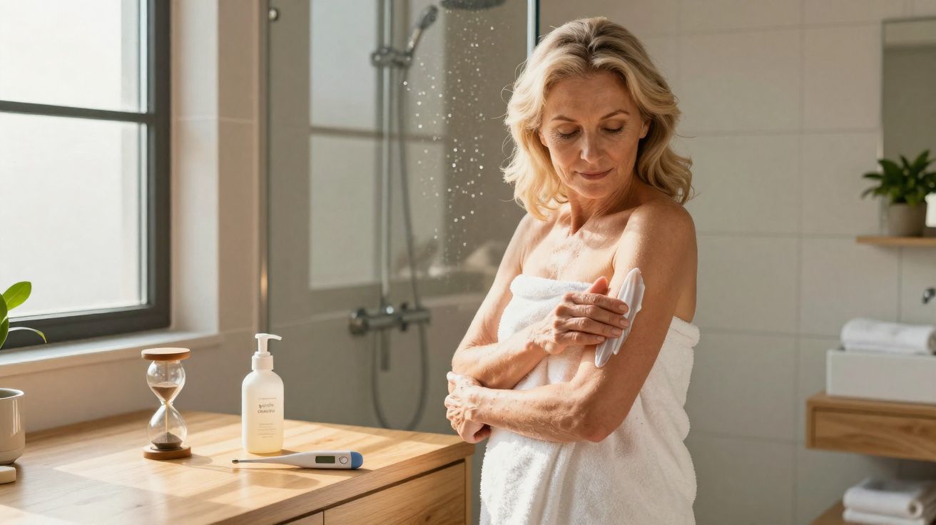 Mulher madura em toalha aplicando creme no braço em banheiro iluminado por luz natural.