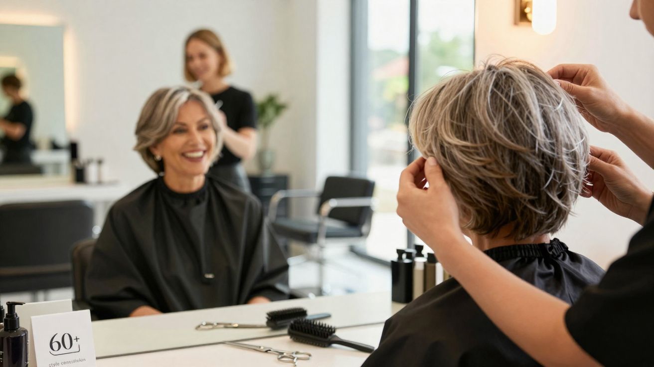 Mulher madura sorrindo enquanto cabeleireiro finaliza corte em salão moderno e iluminado.