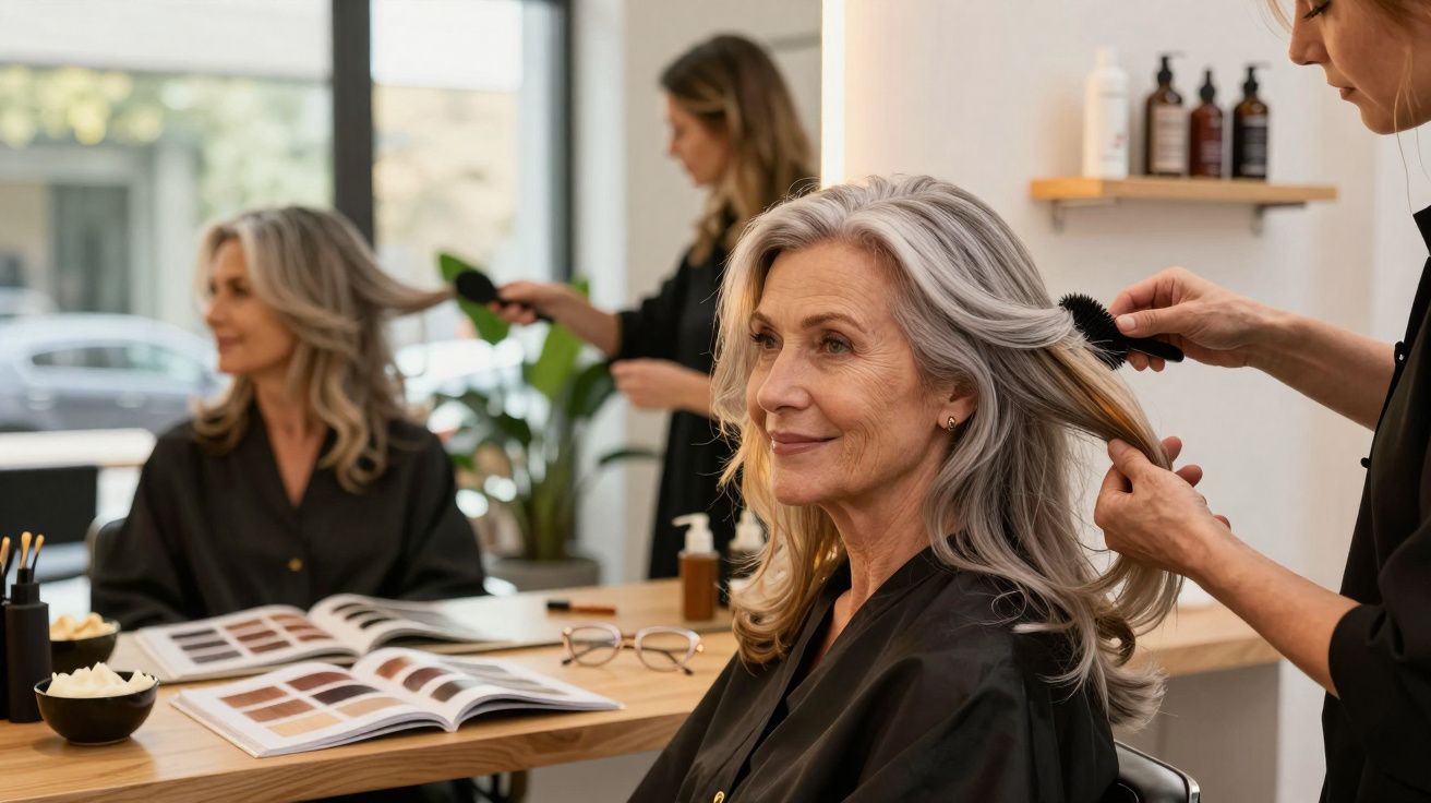 Mulher com cabelo grisalho sendo penteada em salão, refletida no espelho com catálogo de cores sobre a mesa.