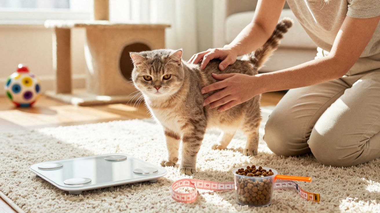Pessoa com roupas claras toca um gato cinza em um tapete branco com balança e fita métrica ao lado.