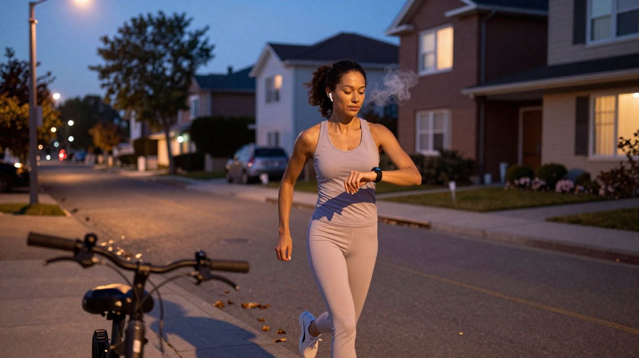 Mulher correndo à noite em bairro residencial, olhando relógio no pulso, com bicicleta estacionada próxima.
