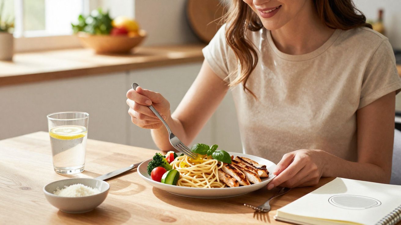 Mulher sorridente comendo prato de espaguete com frango grelhado e salada na mesa de madeira.