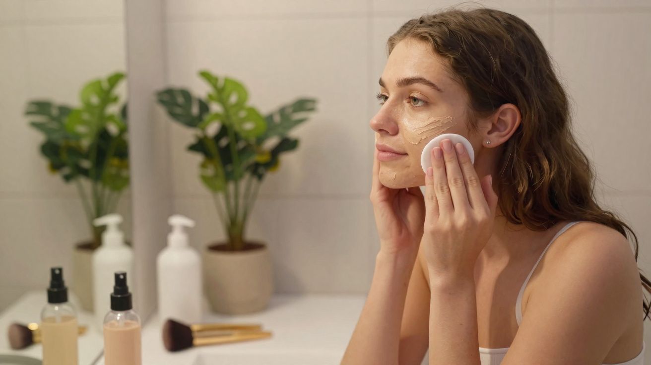 Mulher aplicando base no rosto com esponja em banheiro com plantas e produtos de maquiagem ao fundo.