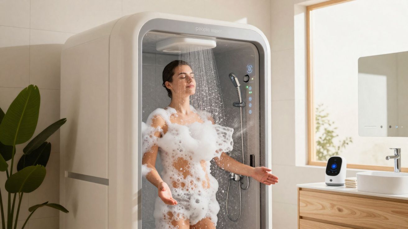 Mulher relaxando em banho de espuma dentro de cabine de ducha moderna e tecnológica.