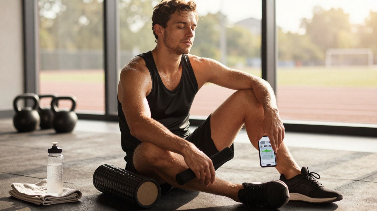 Homem sentado no chão da academia usando rolo de massagem, segurando celular, ao lado de garrafa de água e kettlebells.