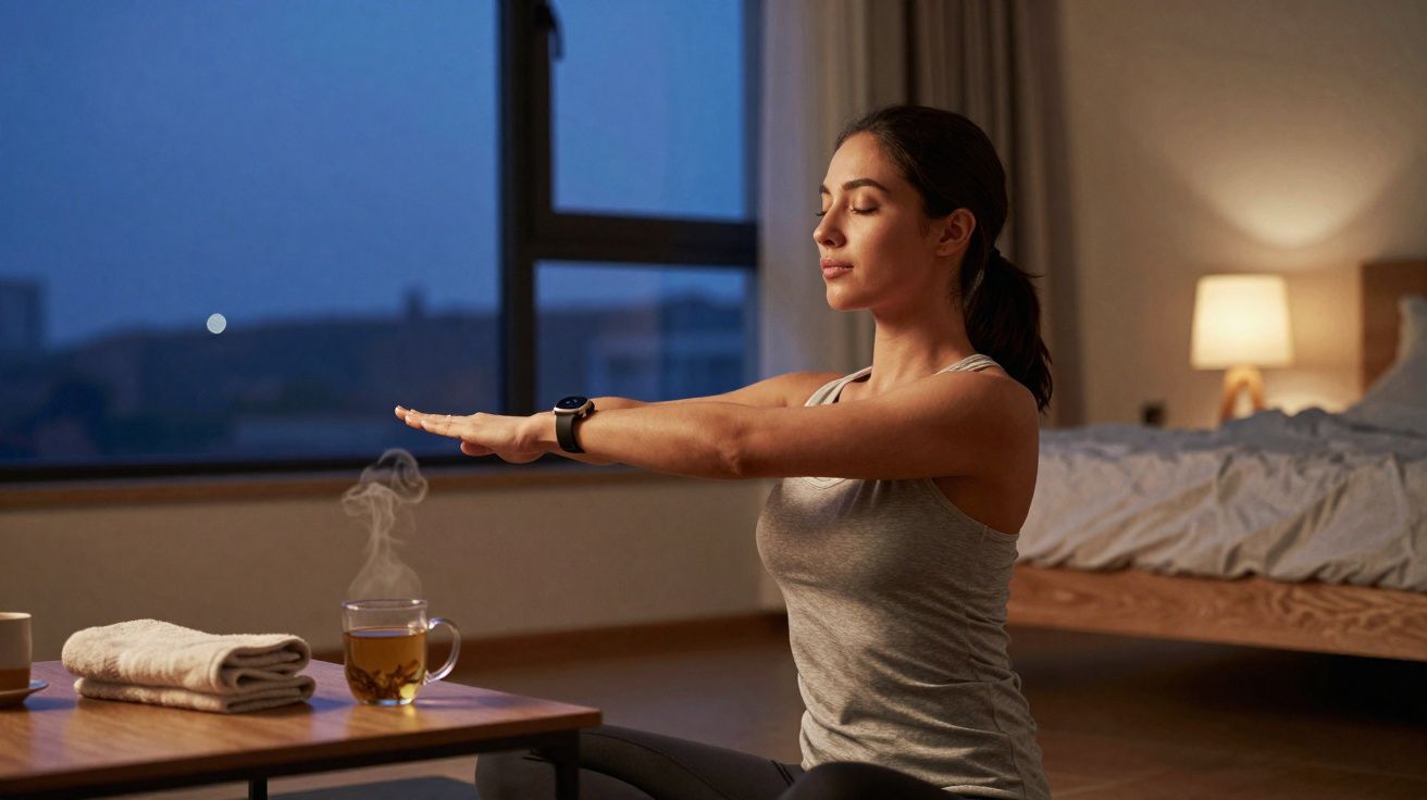 Mulher meditando com olhos fechados e braços estendidos em quarto com luz suave ao entardecer.