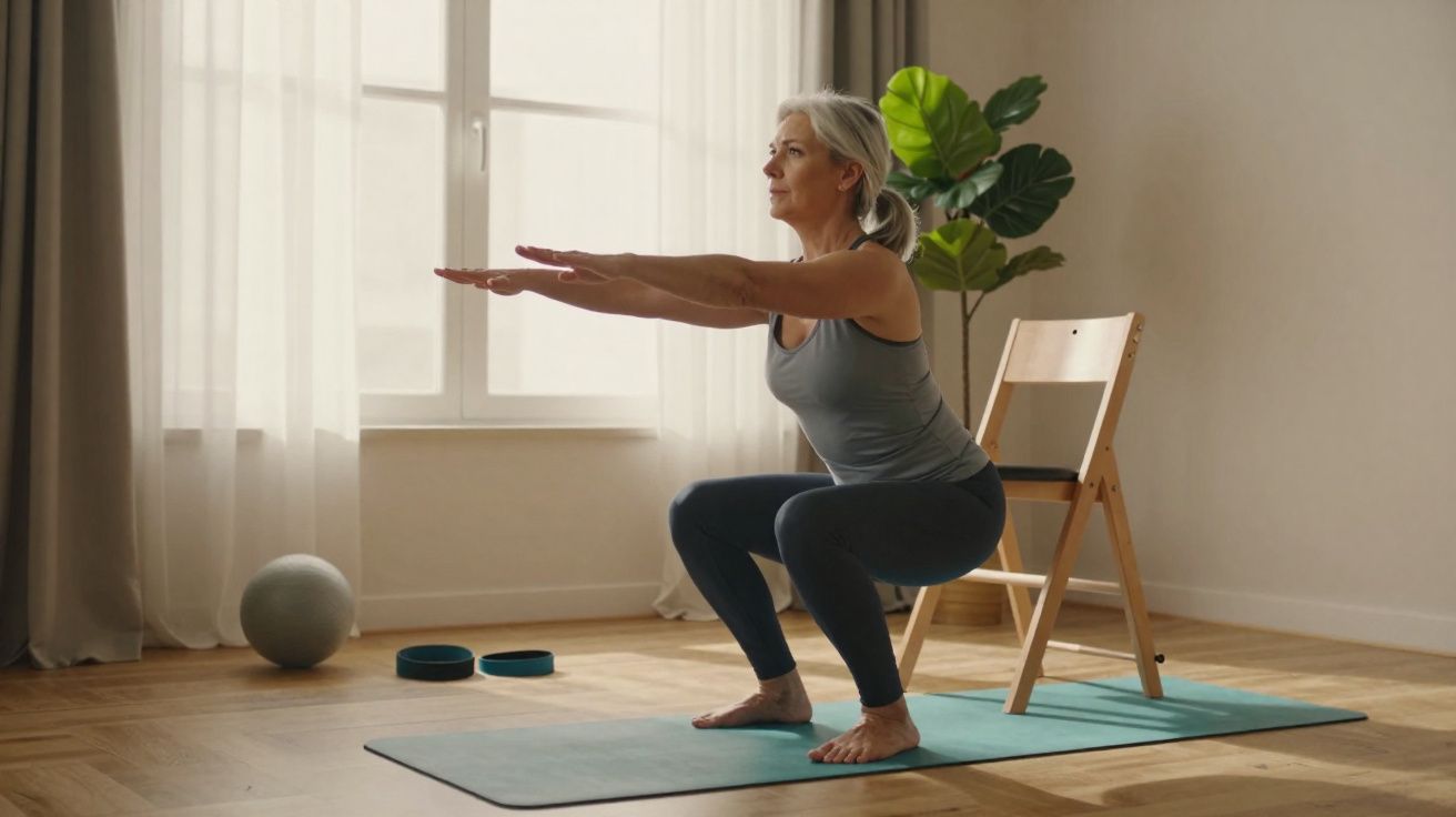 Mulher madura fazendo agachamento perto de cadeira em tapete de yoga em sala iluminada.