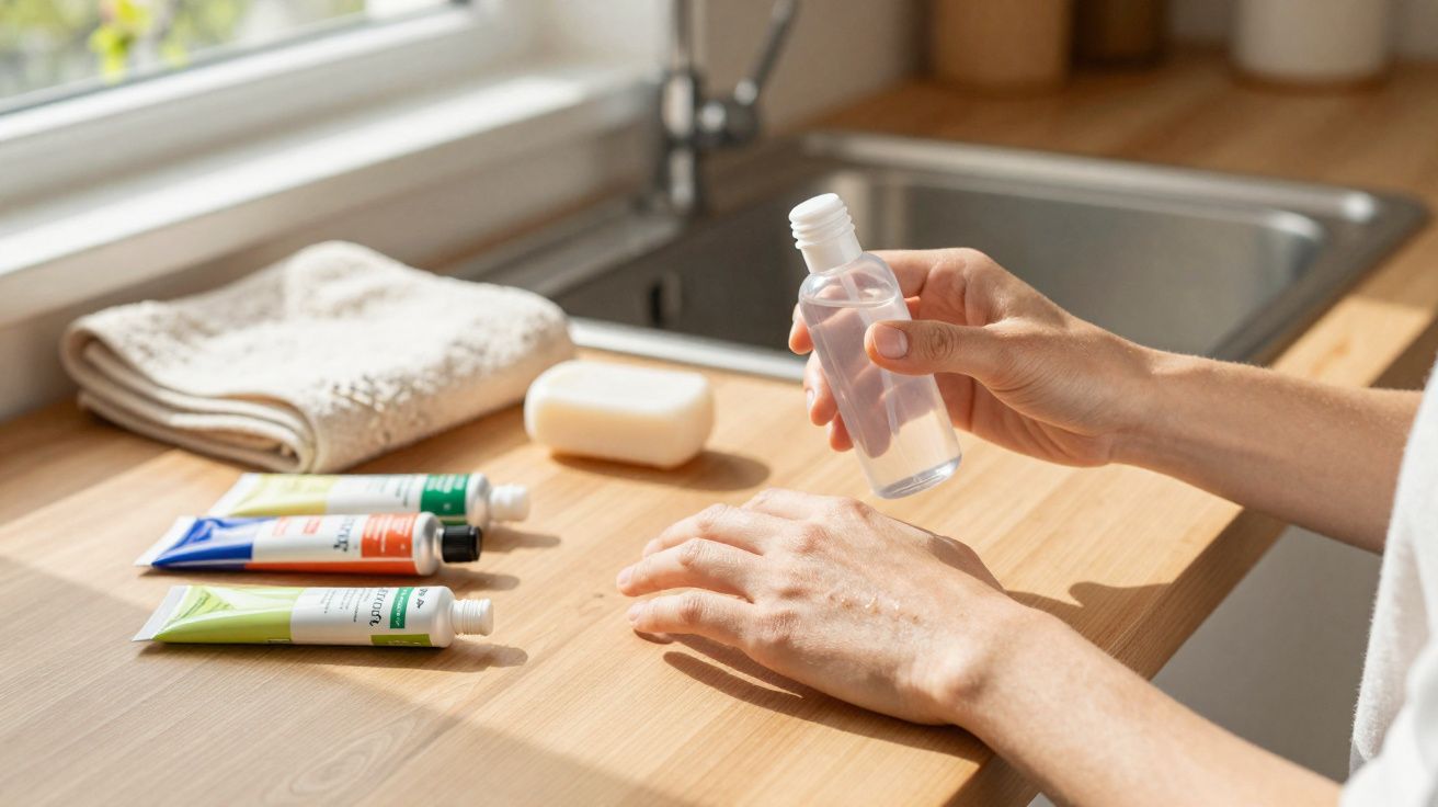 Pessoa aplicando loção nas mãos com tubos de creme, sabonete e toalha sobre bancada de madeira.