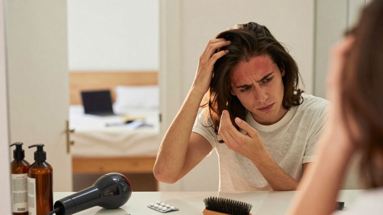 Jovem olhando preocupado seu cabelo no espelho, com secador, escova e remédios sobre a bancada.