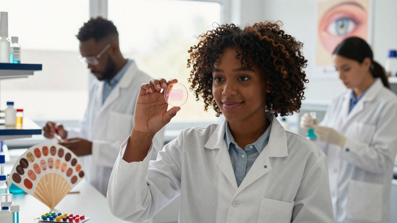 Jovem cientista afrodescendente com jaleco segurando placa de Petri, com dois colegas em laboratório ao fundo.