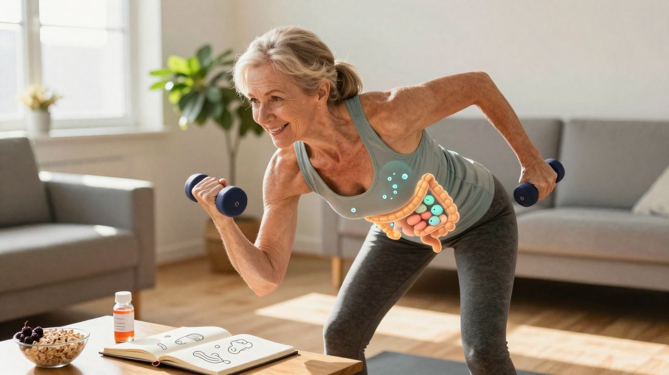 Mulher idosa fazendo exercícios com halteres em casa, com gráfico ilustrando intestino saudável.