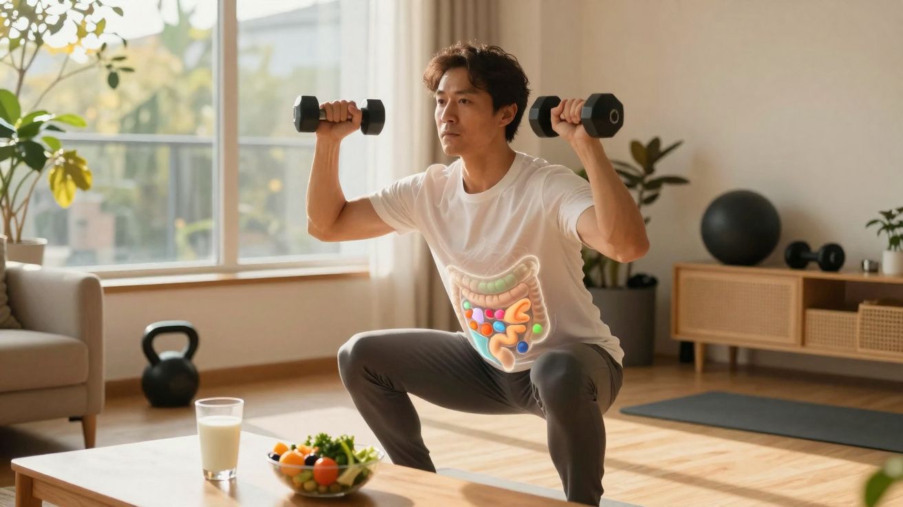 Homem fazendo agachamento com halteres em sala, com destaque ilustrado do sistema digestivo no abdômen.