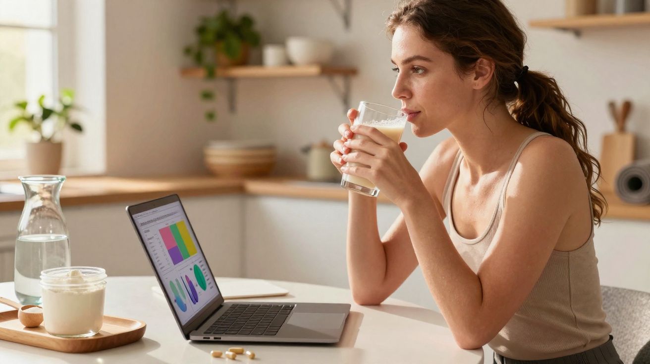 Mulher jovem bebendo leite enquanto trabalha em laptop em cozinha clara e moderna.