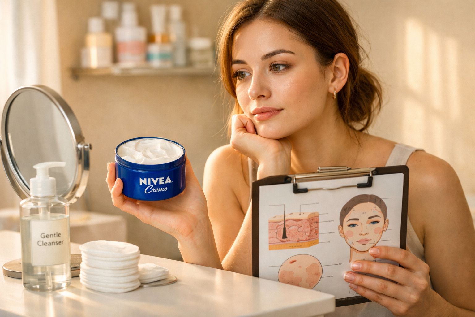 Mulher segura pote de creme Nivea e quadro explicativo sobre cuidados com a pele em banheiro.