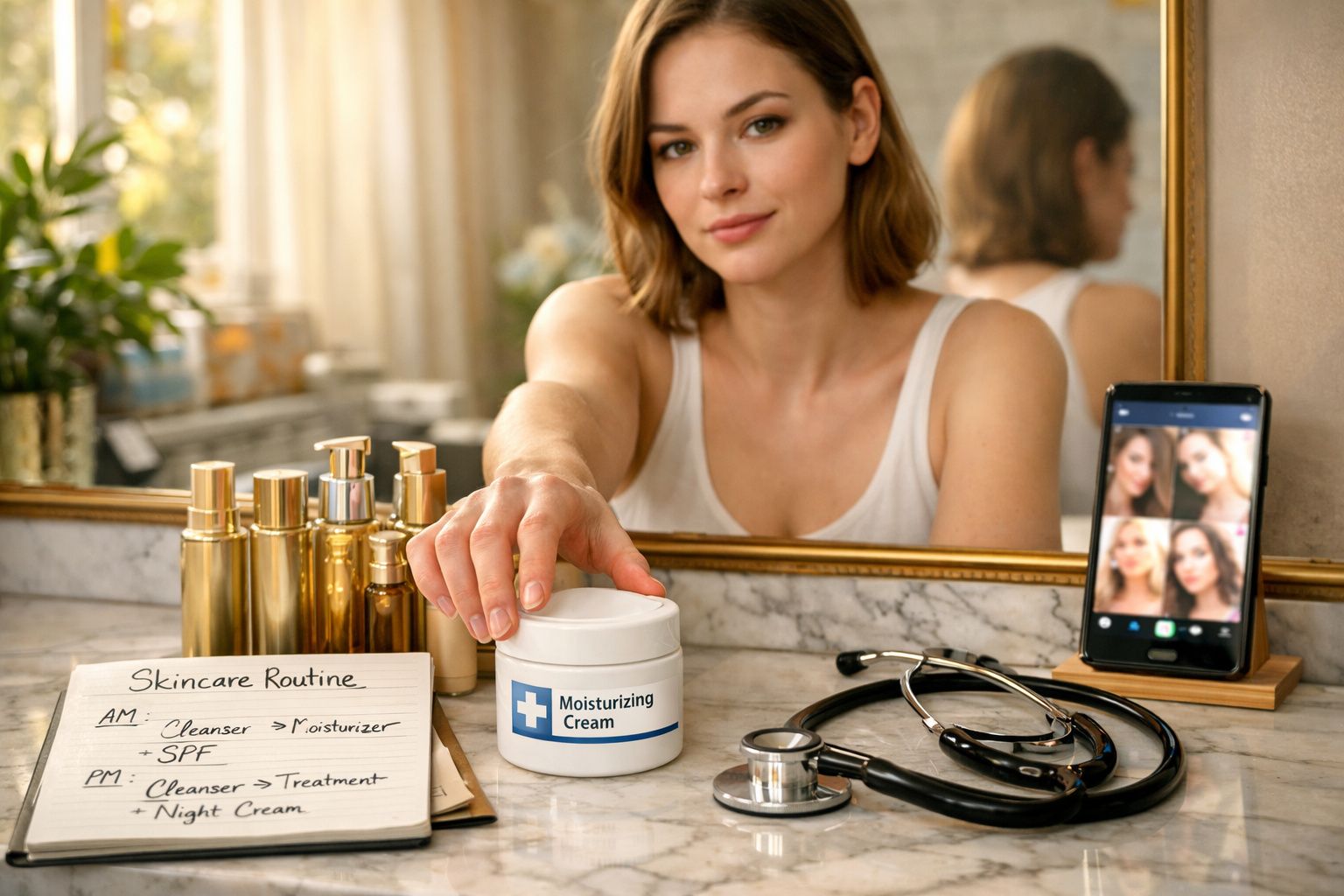 Mulher segurando pote de creme hidratante em bancada com produtos, estetoscópio e rotina de skincare escrita.